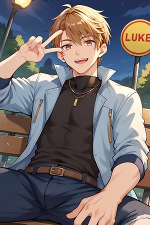 score_9, score_8_up, score_7_up, score_6_up, score_5_up, score_4_up, source_anime, luke_pearce ,BREAK, 1boy, male focus,blonde hair, hazel eyes, looking at viewer, close up, from below, smile, open mouth,  hands up, peace sign, park, sitting on bench ,brown hair, night, bodysuit, no coat,