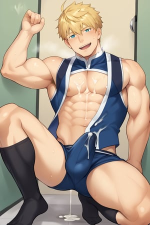 source_anime,male focus,Arthur,blonde hair, blue eye, male focus, looking at viewer, smile, bulge, tight fitting,blush, sweat, steam,open mouth,taut_clothes,
large_muscles,  masterpiece, highquality, black socks, no shoes,   dripping cum on body , cum on pectorals, glory_hole,arthur_pendragon_fate