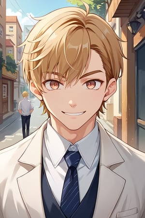 score_9, score_8_up, score_7_up, score_6_up, score_5_up, score_4_up, source_anime, luke_pearce , BREAK, 1boy, ,male focus, blonde hair, hazel eyes, looking at viewer, smile,,   ,brown hair, short hair, street, white_suit