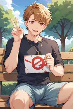score_9, score_8_up, score_7_up, score_6_up, score_5_up, score_4_up, source_anime, luke_pearce ,BREAK, 1boy, male focus,blonde hair, hazel eyes, looking at viewer, close up, from below, smile, open mouth,  hands up, peace sign, park, sitting on bench, ,brown hair