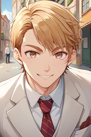 score_9, score_8_up, score_7_up, score_6_up, score_5_up, score_4_up, source_anime, luke_pearce , BREAK, 1boy, ,male focus, blonde hair, hazel eyes, looking at viewer, smile,,   ,brown hair, short hair, street, white_suit