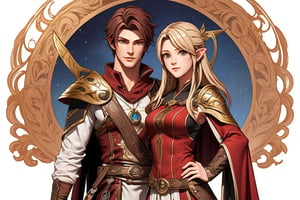 American plane. Show a  young, cute, blonde, light elf archer woman and a red-dark-haired, tall, strong, handsome human male. Both in the style of the game Lineage II,MUGODDESS