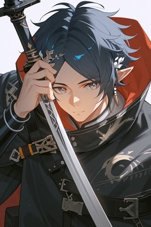 Zuole_Arknights,elf_ears,gray eyes,dark blue hair,face focus,mature,detailed face,black cloak,source_anime,score_4_up,score_5_up,score_6_up,score_7_up,score_8_up,score_9,solo man, 1boy, perfect eyes, perfect anatomy, perfect proportions,naked, (upper body),solo focus,sword,face to right,white background