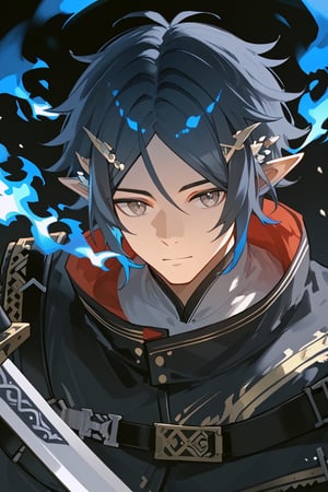 Zuole_Arknights,elf_ears,gray eyes,dark blue hair,face focus,mature,detailed face,black cloak,source_anime,score_4_up,score_5_up,score_6_up,score_7_up,score_8_up,score_9,solo man, 1boy, perfect eyes, perfect anatomy, perfect proportions,naked, (upper body),solo focus,blue fire,sword,侧脸