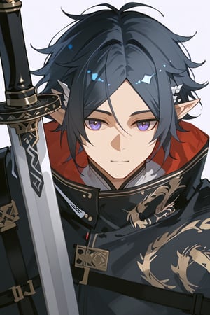 Zuole_Arknights,elf_ears,gray eyes,dark blue hair,face focus,mature,detailed face,black cloak,source_anime,score_4_up,score_5_up,score_6_up,score_7_up,score_8_up,score_9,solo man, 1boy, perfect eyes, perfect anatomy, perfect proportions,naked, (upper body),solo focus,sword,face to right,white background