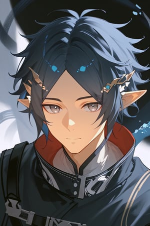 Zuole_Arknights,elf_ears,gray eyes,dark blue hair,face focus,mature,detailed face,source_anime,score_4_up,score_5_up,score_6_up,score_7_up,score_8_up,score_9,solo man, 1boy, perfect eyes, perfect anatomy, perfect proportions,naked, (upper body),solo focus
