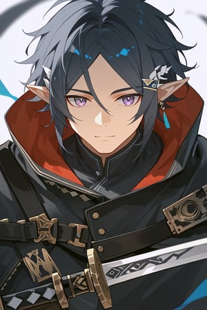 Zuole_Arknights,elf_ears,gray eyes,dark blue hair,face focus,mature,detailed face,black cloak,source_anime,score_4_up,score_5_up,score_6_up,score_7_up,score_8_up,score_9,solo man, 1boy, perfect eyes, perfect anatomy, perfect proportions,naked, (upper body),solo focus,sword,face to right,white background,black ink