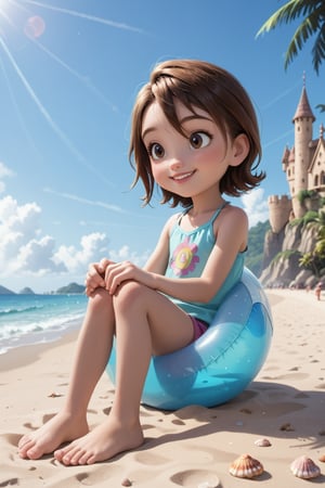 score_9, score_8_up, score_7_up, rating_questionable, outside, disney pixar style, solo, (young, child:1.4), digimon, 1girl, sora, brown hair, brown eyes, short hair, hair between eyes, dynamic lighting, expressive, reclining, model pose, full body, fashion shot, playful, giggling, shy, smile, beachball, swimring, seashell, shells, sand castle,