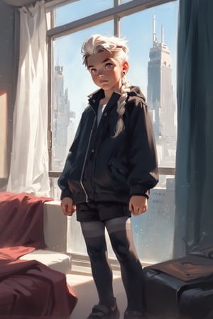 xcartoonpinkx, xsabux, score_9, score_8_up, score_7_up, source_cartoon, source_western, rating_safe, cel-shading, indoors, cyberpunk_setting, dynamic_pose, 1boy, masculine, solo, (young, child: 1.4), eye-shadow, earrings, very_long_hair, low braided very long hair, white hair, pink eyes, mechanical_joints, thighhighs,