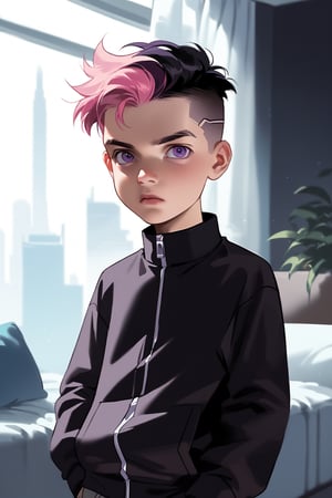 p4l0m4, Expressiveh, dcaustyle, tsp13s, score_9, score_8_up, score_7_up, source_cartoon, source_western, rating_safe, cel-shading, indoors, cyberpunk_setting, dynamic_pose, 1boy, solo, (young, child: 1.4), nose, make-up, eye-shadow, multi-colored hair, asymmetrical hair, black hair, pink hair, purple eyes, mechanical_joints,