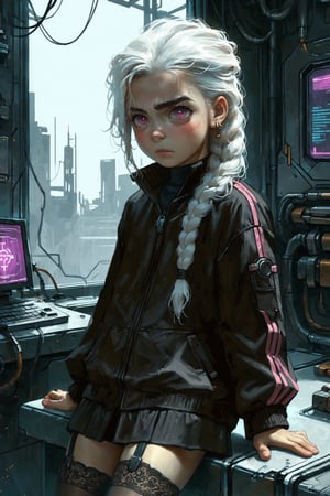 b00nd0cks, score_9, score_8_up, score_7_up, source_cartoon, source_western, rating_safe, cel-shading, indoors, cyberpunk_setting, dynamic_pose, 1boy, solo, (young, child: 1.4), eye-shadow, earrings, very_long_hair, low braided very long hair, white hair, pink eyes, mechanical_joints, thighhighs,