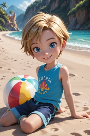 score_9, score_8_up, score_7_up, rating_questionable, outside, disney pixar style, solo, (young, child:1.4), digimon, 1boy, takeru, short hair, blue eyes, blonde hair, dynamic lighting, expressive, reclining, model pose, full body, fashion shot, playful, giggling, shy, smile, beachball, swimring, seashell, shells, sand castle,