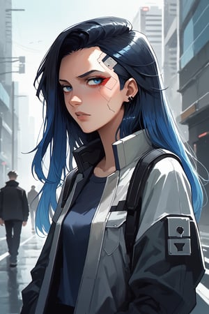 mokopekko Style, DinoArtStyle, Shadman, faux traditional, score_9, score_8_up, score_7_up, rating_safe, outdoors, cyberpunk_setting, girl in a cyberpunk city, 1girl, solo, black hair, blue Hair, gradient hair, long hair, asymmetrical hair, blue eyes,