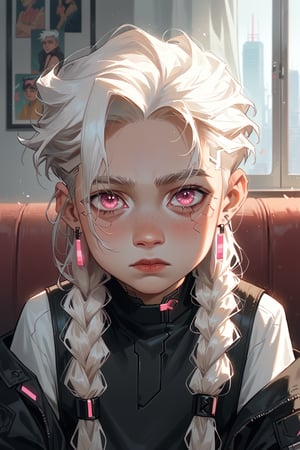 4rc4n3, score_9, score_8_up, score_7_up, source_cartoon, source_western, rating_safe, cel-shading, indoors, 1boy, (solo), (young, child: 1.2), cyberpunk fashion, white hair, very long low-braided hair, pink eyes, earrings, mechanical joints, portrait,