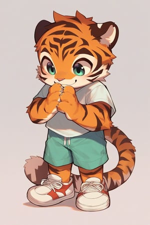 score_9, score_8_up, score_7_up, rating_safe, full body, 1boy, source_furry, anthro, cub, (((child))), tiger, cute face, shorts, sneakers, white background, CDrip