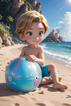 score_9, score_8_up, score_7_up, rating_questionable, outside, disney pixar style, solo, (young, child:1.4), digimon, 1boy, takeru, short hair, blue eyes, blonde hair, dynamic lighting, expressive, reclining, model pose, full body, fashion shot, playful, giggling, shy, smile, beachball, swimring, seashell, shells, sand castle,