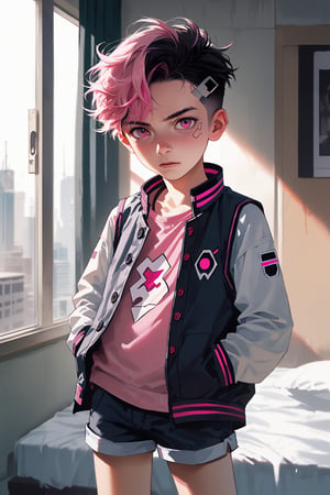 mokopekko Style, DinoArtStyle, Shadman, faux traditional, score_9, score_8_up, score_7_up, rating_questionable, indoors, cyberpunk_setting, 1boy, (solo), (young, child: 1.4), Black Hair, Pink Hair, streaked hair, short hair, asymmetrical hair, pink eyes, mechanical_joints, vest_top, hotpants,