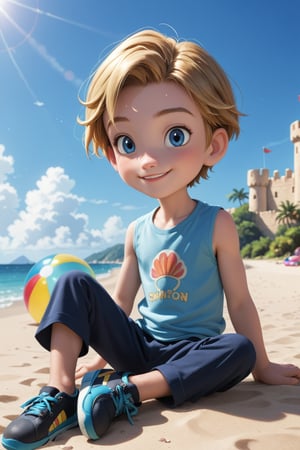 score_9, score_8_up, score_7_up, rating_questionable, outside, disney pixar style, solo, (young, child:1.4), digimon, 1boy, takeru, short hair, blue eyes, blonde hair, dynamic lighting, expressive, reclining, model pose, full body, fashion shot, playful, giggling, shy, smile, beachball, swimring, seashell, shells, sand castle,