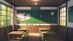 Set in a vibrant, exaggerated anime-style world, the classroom background bursts with color and personality. The room is spacious with tall windows that flood the space with bright, cheerful sunlight. Each desk and chair is uniquely designed, some adorned with stickers or doodles, reflecting the diverse personalities of the fictional students.

The chalkboard at the front is not just clean but adorned with playful sketches and motivational messages, showcasing the artistic flair of the fictional teacher or perhaps some mischievous student contributions. Mathematical equations and diagrams are presented in a whimsical, slightly exaggerated manner, adding a touch of fantasy to the academic setting.

Posters on the walls depict inspirational quotes or anime-style illustrations of historical figures and scientific phenomena, blending education with entertainment. Colorful curtains frame the windows, fluttering gently in a breeze that carries hints of cherry blossom petals, adding to the idyllic, anime-esque atmosphere.

In the foreground, various school supplies such as notebooks, pens, and textbooks are scattered across the desks, each with its own unique design and vibrant colors. The classroom exudes a sense of lively energy and creativity, inviting the viewer to imagine the animated characters who would inhabit this charming and dynamic educational environment.,nodf_lora,Classroom,School Classroom,artistic oil painting stick,kyoushitsu