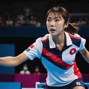 stunning scene of the 2024 Olympic table tennis competition, featuring Japan's table tennis angel. She is in the middle of an intense match, her eyes focused and her posture perfect. She wears a stylish Japanese team uniform with the national flag prominently displayed. The background shows a modern Olympic arena filled with excited spectators, many waving Japanese flags and cheering her on. The Olympic rings are visible in the background, and the atmosphere is electric with anticipation and national pride. The lighting highlights her swift movements and concentrated expression as she prepares to return a serve.
