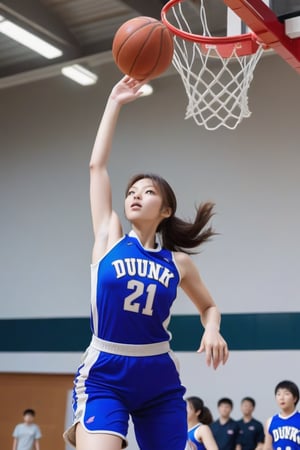 (dunk shoot,dynamic movement:1.4),Masterpiece, highest quality, high brightness, 1 girl, sportswear, baseketball, basketball match,best quality,perfect face,detailed face