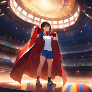 Triumphant Filipina-Korean tween athlete wearing a detailed sports uniform stands confidently in the grandeur of a lit-up stadium, surrounded by the vibrant colors of the flag of the Philippines majestically draping behind her. Strong lighting casts a warm glow on her sweat-drenched skin as she lifts weights, framed by the imposing architecture of the stadium's structure. Her triumphant gaze and confident posture radiate determination and excellence.