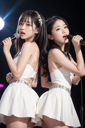 two girls, yuri, looking at viewer, idol dress, back to back, sing a song, microphone,