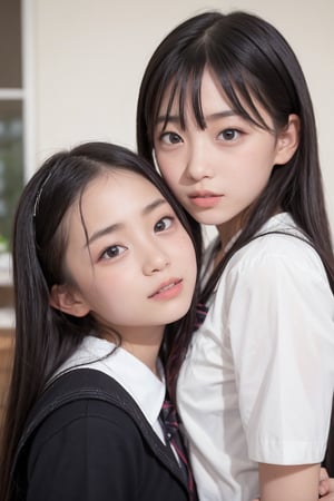 close-up. two girls, yuri, looking at viewer, school uniform, scissoring, 