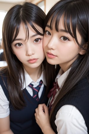 close-up. two girls, yuri, looking at viewer, school uniform, scissoring, 