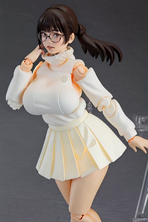 ((figma)), 1girl, shinonomeumi, (glasses), brown eyes, voluptuous body, chubby, big breasts wearing a white turtleneck, white skirt, 8k, masterpiece, absurdres,