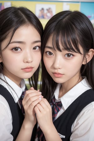 close-up. two girls, yuri, looking at viewer, school uniform, scissoring, 