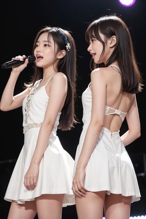 two girls, yuri, looking at viewer, idol dress, back to back, sing a song, microphone,