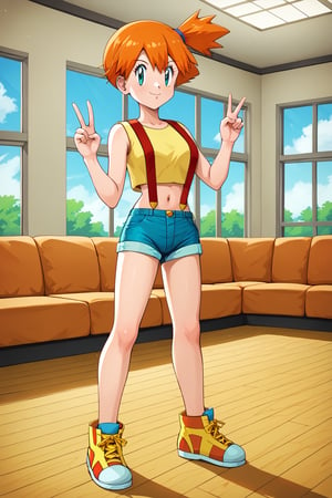 full body, masterpiece, best quality, highres, 1girl, misty (pokemon), orange hair, solo, shorts, suspenders, side ponytail, orange hair, midriff, yellow crop top, navel, short hair, denim, denim shorts, (lora:misty_(pokemon)_v2:0.7), standing, peace_sign, indoors