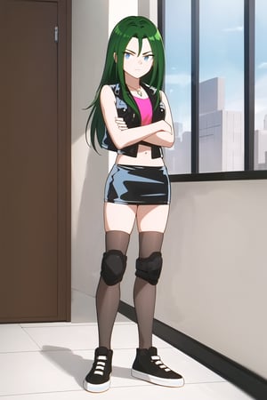 (masterpiece, highres, best quality:1.3), tyra, 1girl, solo, long hair, looking at viewer, bangs, blue eyes, miniskirt, detailed background, shirt, indoors, navel, jewelry, closed mouth, standing, jacket, full body, green hair, shoes, sleeveless, midriff, miniskirt, black skirt, vest, crop top, crossed arms, sneakers, pencil miniskirt, knee pads, sleeveless jacket, cropped jacket