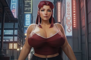 sscore_9, score_8_up, score_7_up, high quality, standing, line art, 3d style, (((upper body))), large breats, (red camisole:1.2), (black pants:1.2), wet clothes, (((massive woman))), look viewer, long hair, red hair, city rain, perfect anatomy, starfire