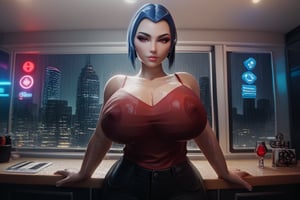 sscore_9, score_8_up, score_7_up, high quality, standing, line art, 3d style, (((upper body))), large breats, (red camisole:1.2), (black pants:1.2), wet clothes, (((massive woman))), look viewer, short hair, blue hair, city rain, perfect anatomy,ravenDC
