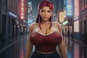 sscore_9, score_8_up, score_7_up, high quality, standing, line art, 3d style, (((upper body))), large breats, (red camisole:1.2), (black pants:1.2), wet clothes, (((massive woman))), look viewer, long hair, red hair, city rain, perfect anatomy, starfire