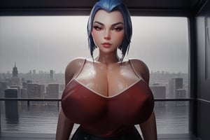 sscore_9, score_8_up, score_7_up, high quality, standing, line art, 3d style, (((upper body))), large breats, (red camisole:1.2), (black pants:1.2), wet clothes, (((massive woman))), look viewer, short hair, blue hair, city rain, perfect anatomy,ravenDC