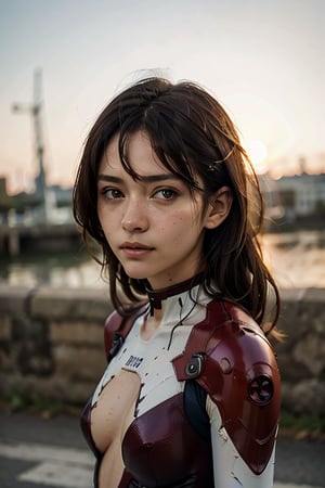 textured skin face,raw photo, fashion photography of woman, in high detailed textured Evangelion red plugsuit, sunset light passing through hair, (random background), depth of field