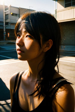 realistic,portrait,sunlight,shadow,japaness,sexy,girl,messy hair,light,outdoor,detailed,real skin,lightshapes,Masterpiece,anime,masterpiece