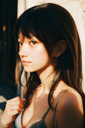 realistic,portrait,sunlight,shadow,japaness,sexy,girl,messy hair,light,outdoor,detailed,real skin,lightshapes,anime,masterpiece