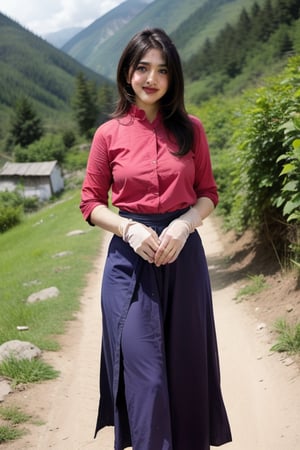 A simple girl living in Himachal Pradesh of India, walking in sloppy village, surrounded by hills, hilly area , (((realistic))), real life, Indian, candid, :}, small village, 5_fingered, fingers ,realistic hands,Smitha,Mallu, low_res, jpeg_artifacts, (((realistic_hands))),poakl , hands_on_hips, gloves, hand gloves, 