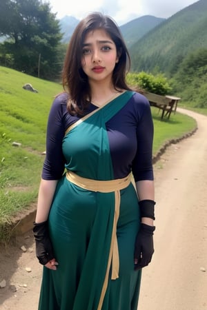 A simple girl living in Himachal Pradesh of India, walking in sloppy village, surrounded by hills, hilly area , (((realistic))), real life, Indian, candid, :}, small village, 5_fingered, fingers ,realistic hands,Smitha,Mallu, low_res, jpeg_artifacts, (((realistic_hands))),poakl , hands_on_hips, gloves, hand gloves, 