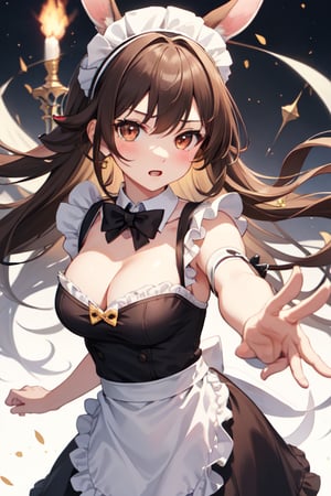 create a young bunny girl with brown ears and hair, brown eyes, maid outfit, and using earth magic, rock particles floating around her