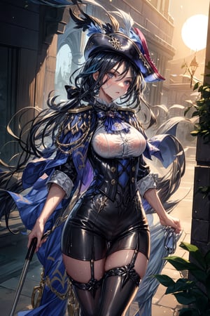 A sultry pirate woman stands defiantly against a misty, moonlit backdrop. Her slender physique is accentuated by the clinging, wet leather corset and pants, glistening with dew-like sheen. Vibrant black hair flows like fire down her back, as she gazes boldly into the distance. The triangular hat perches atop her head, while heavy chainmail adorns her arms, glinting in the soft light. Her ample bosom is confined by the leather corset, drawing attention to her statuesque figure. Felt boots and a flowing cloak complete her swashbuckling ensemble.