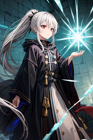 create a young fighting mage, black robes, purple details, white hair tied in a ponytail, red eyes, ice powers around him, light green and ice blue background