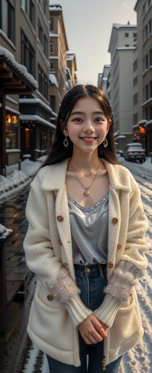 Beautiful and delicate light, (beautiful and delicate eyes), pale skin, big smile, (brown eyes), (black long hair), dreamy, medium chest, woman 1, (front shot), Korean girl, bangs, soft expression, height 170, elegance, bright smile, 8k art photo, realistic concept art, realistic, portrait, necklace, small earrings, handbag, fantasy, jewelry, shyness, skirt, winter parka, scarf, snowy street, footprints,