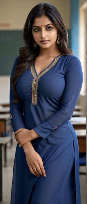 (ultra realistic,best quality),photorealistic,Extremely Realistic,in depth,indian blue kurti and palazzo pants  with curvy huge sexy boobs,moment eyes,lustful face,sexy indian girl,classroom background,realism,realistic,raw,