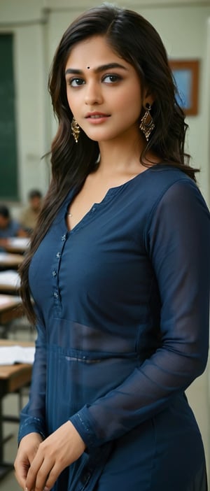 (ultra realistic,best quality),photorealistic,Extremely Realistic,in depth,indian blue kurti and palazzo pants  with sexy boobs,moment eyes,lustful face,sexy indian girl,classroom background,realism,realistic,raw,MrunalThakur