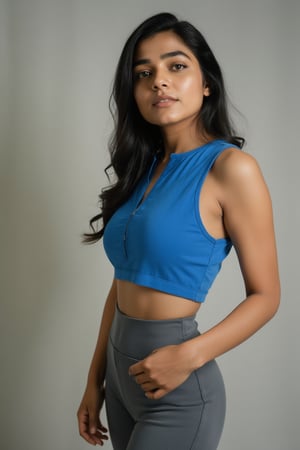 Indian village girl, 21 years old cute indian girl, instagram model, sleeveless,  indian blue colour cut kurti and grey colour tight leggings, actress, side pose, sexy, hot, sexy lady